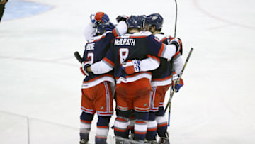 May 21, 2015: Hartford celebrates the goal from Hartford Wolf Pack Defenseman Mat Bodie (2). The Manchester Monarchs defeated the Hartford Wolf Pack 3-2 in Game 1 of the Eastern Conference Finals of the 2015 AHL Calder Cup playoffs at Verizon Wireless Arena in Manchester, NH. (Photo by Fred Kfoury III/Icon Sportswire/Corbis via Getty Images)