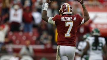 LANDOVER, MD - NOVEMBER 17: Dwayne Haskins #7 of the Washington Redskins celebrates after Derrius Guice #29 (not pictured) scores a touchdown against the New York Jets during the second half at FedExField on November 17, 2019 in Landover, Maryland. (Photo by Scott Taetsch/Getty Images)