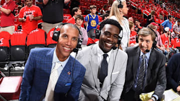 HOUSTON, TX - MAY 28: Reggie Miller, Chris Weber, and Marv Albert are seen before the game between the Golden State Warriors and the Houston Rockets during Game Seven of the Western Conference Finals of the 2018 NBA Playoffs on May 28, 2018 at the Toyota Center in Houston, Texas. NOTE TO USER: User expressly acknowledges and agrees that, by downloading and or using this photograph, User is consenting to the terms and conditions of the Getty Images License Agreement. Mandatory Copyright Notice: Copyright 2018 NBAE (Photo by Andrew D. Bernstein/NBAE via Getty Images)