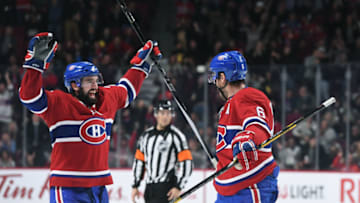 MONTREAL, QC - DECEMBER 5: David Schlemko #21 and Shea Weber #6 of the Montreal Canadiens celebrate a goal against the St. Louis Blues in the NHL game at the Bell Centre on December 5, 2017 in Montreal, Quebec, Canada. (Photo by Francois Lacasse/NHLI via Getty Images) *** Local Caption ***