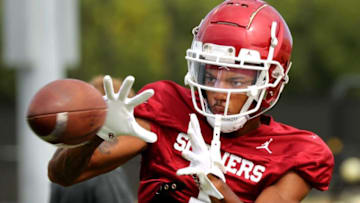Jayden Gibson (1), wide receiver, goes through drills as the University of Oklahoma Sooners (OU) holds fall camp practice at the rugby fields on Aug. 16, 2022 in Norman, Okla. [Steve Sisney/For The Oklahoman]Ou Practice