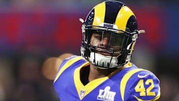 ATLANTA, GA - FEBRUARY 03: John Kelly #42 of the Los Angeles Rams runs with the ball prior the Super Bowl LIII at Mercedes-Benz Stadium on February 3, 2019 in Atlanta, Georgia. (Photo by Jamie Squire/Getty Images)