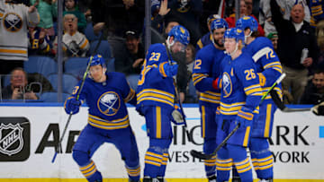 Mar 9, 2023; Buffalo, New York, USA; Buffalo Sabres left wing Jeff Skinner (53) celebrates his goal with teammates during the third period against the Dallas Stars at KeyBank Center. Mandatory Credit: Timothy T. Ludwig-USA TODAY Sports