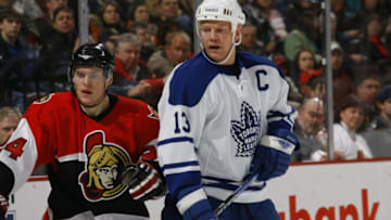 OTTAWA, CANADA - MARCH 8: Anton Volchenkov #24 of the Ottawa Senators and Mats Sundin #13 of the Toronto Maple Leafs eye the play on March 8, 2007 at the Scotiabank Place in Ottawa, Canada. The Senators won 5-1. (Photo by Phillip MacCallum/Getty Images)