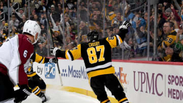 PITTSBURGH, PA - OCTOBER 16: Sidney Crosby #87 of the Pittsburgh Penguins celebrates his first period goal against the Colorado Avalanche at PPG PAINTS Arena on October 16, 2019 in Pittsburgh, Pennsylvania. (Photo by Joe Sargent/NHLI via Getty Images)