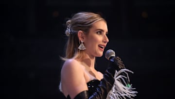 LONDON, ENGLAND - DECEMBER 02: Emma Roberts presents British Designer of the Year – Womenswear on stage during The Fashion Awards 2019 held at Royal Albert Hall on December 02, 2019 in London, England. (Photo by Lia Toby/BFC/Getty Images)