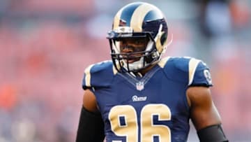 Aug 23, 2014; Cleveland, OH, USA; St. Louis Rams defensive end Michael Sam (96) during warm ups before the game against the St. Louis Rams at FirstEnergy Stadium. Mandatory Credit: Rick Osentoski-USA TODAY Sports