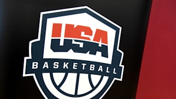 LAS VEGAS, NEVADA - AUGUST 05: A USA Basketball logo is displayed at a practice session at the 2019 USA Basketball Men's National Team World Cup minicamp at the Mendenhall Center at UNLV on August 5, 2019 in Las Vegas, Nevada. (Photo by Ethan Miller/Getty Images)