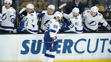 BOSTON, MA - APRIL 6: Nikita Kucherov #86 of the Tampa Bay Lightning celebrates his goal against the Boston Bruins at the TD Garden on April 6, 2019 in Boston, Massachusetts. (Photo by Steve Babineau/NHLI via Getty Images)
