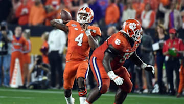 Jan 11, 2016; Glendale, AZ, USA; Clemson Tigers quarterback Deshaun Watson (4) throws a pass during the fourth quarter against the Alabama Crimson Tide in the 2016 CFP National Championship at University of Phoenix Stadium. Mandatory Credit: Kirby Lee-USA TODAY Sports