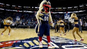 Nov 16, 2013; New Orleans, LA, USA; New Orleans Pelicans mascot Pierre the Pelican celebrates a win over the Philadelphia 76ers following a game at New Orleans Arena. The Pelicans defeated the 76ers 135-98. Mandatory Credit: Derick E. Hingle-USA TODAY Sports