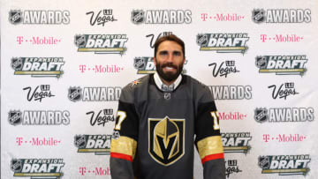 LAS VEGAS, NV - JUNE 21: Jason Garrison poses for a photo after being selected by the Las Vegas Golden Knights during the 2017 NHL Awards and Expansion Draft at T-Mobile Arena on June 21, 2017 in Las Vegas, Nevada. (Photo by Bruce Bennett/Getty Images)