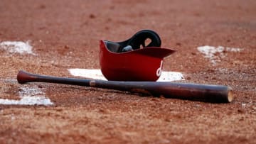 Mar 19, 2015; Tampa, FL, USA; Philadelphia Phillies hat and bat lays at home plate against the New York Yankees at George M. Steinbrenner Field. Mandatory Credit: Kim Klement-USA TODAY Sports