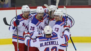 Mar 4, 2021; Newark, New Jersey, USA; New York Rangers left wing Chris Kreider (20) celebrates his goal during the second period of their game against the New Jersey Devils at Prudential Center. Mandatory Credit: Ed Mulholland-USA TODAY Sports
