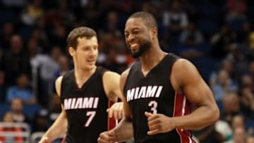 Feb 25, 2015; Orlando, FL, USA; Miami Heat guard Dwyane Wade (3) celebrates during overtime against the Orlando Magic at Amway Center. Miami Heat defeated the Orlando Magic 93-90 in overtime. Mandatory Credit: Kim Klement-USA TODAY Sports