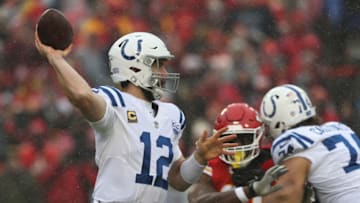 KANSAS CITY, MO - JANUARY 12: Kansas City Chiefs outside linebacker Justin Houston (50) tries to apply pressure to Indianapolis Colts quarterback Andrew Luck (12) in the first quarter of an AFC Divisional Round playoff game game between the Indianapolis Colts and Kansas City Chiefs on January 12, 2019 at Arrowhead Stadium in Kansas City, MO. (Photo by Scott Winters/Icon Sportswire via Getty Images)