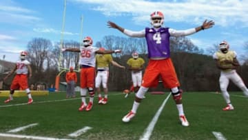 Mar 3, 2015; Clemson, SC, USA; Clemson Tigers quarterback Deshaun Watson (4) works out with the team during spring practices. Mandatory Credit: Joshua S. Kelly-USA TODAY Sports