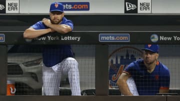 Aug 15, 2021; New York City, New York, USA; New York Mets injured starting pitcher Jacob deGrom (48) watches from the dugout during the sixth inning against the Los Angeles Dodgers at Citi Field. Mandatory Credit: Brad Penner-USA TODAY Sports