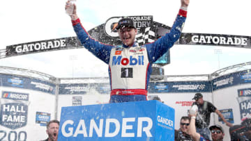 MARTINSVILLE, VIRGINIA - OCTOBER 26: Todd Gilliland, driver of the #4 Mobil 1 Toyota, celebrates in Victory Lane after winning the NASCAR Gander Outdoor Truck Series NASCAR Hall of Fame 200 at Martinsville Speedway on October 26, 2019 in Martinsville, Virginia. (Photo by Brian Lawdermilk/Getty Images)