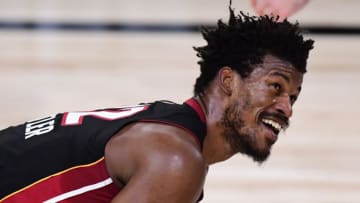 Jimmy Butler #22 of the Miami Heat reacts during the second half against the Los Angeles Lakers in Game Three of the 2020 NBA Finals(Photo by Douglas P. DeFelice/Getty Images)