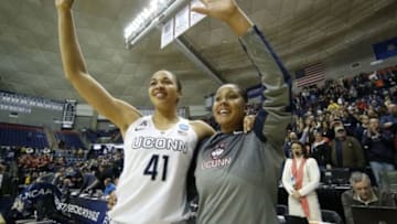 Mar 23, 2015; Storrs, CT, USA; Connecticut Huskies center Kiah Stokes (41) and Connecticut Huskies forward Kaleena Mosqueda-Lewis (23) react after their final home game after defeating the Rutgers Scarlet Knights in the second round of the women