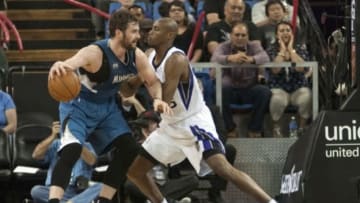Apr 13, 2014; Sacramento, CA, USA; Minnesota Timberwolves forward Kevin Love (42) fights for position with Sacramento Kings forward Travis Outlaw (25) during the first quarter at Sleep Train Arena. The Sacramento Kings defeated the Minnesota Timberwolves 106-103. Mandatory Credit: Ed Szczepanski-USA TODAY Sports