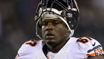 Dec 22, 2013; Philadelphia, PA, USA; Chicago Bears offensive tackle Jordan Mills (67) along the sidelines prior to playing the Philadelphia Eagles at Lincoln Financial Field. The Eagles defeated the Bears 54-11. Mandatory Credit: Howard Smith-USA TODAY Sports