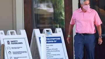 CROMWELL, CONNECTICUT - JUNE 24: PGA Tour Commissioner Jay Monahan leaves the clubhouse after a virtual press conference during a practice round for the Travelers Championship on June 24, 2020 at the TPC River Highlands on June 24, 2020 in Cromwell, Connecticut. (Photo by Rob Carr/Getty Images)