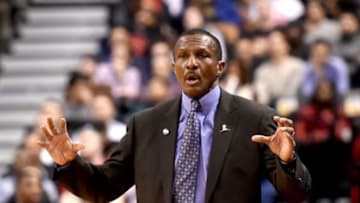 Jan 26, 2016; Toronto, Ontario, CAN; Toronto Raptors head coach Dwane Casey gestures as he talks to his players during the second half of the Raptors 106-89 win at Air Canada Centre. Mandatory Credit: Dan Hamilton-USA TODAY Sports