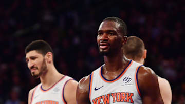 NEW YORK, NEW YORK - DECEMBER 21: Noah Vonleh #32 of the New York Knicks and teammate Enes Kanter #00 react after a call during the first quarter of the game against Atlanta Hawks at Madison Square Garden on December 21, 2018 in New York City. NOTE TO USER: User expressly acknowledges and agrees that, by downloading and or using this photograph, User is consenting to the terms and conditions of the Getty Images License Agreement. (Photo by Sarah Stier/Getty Images)