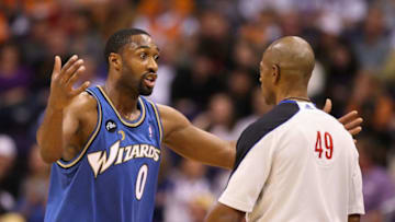 PHOENIX - DECEMBER 19: Gilbert Arenas #0 of the Washington Wizards reacts to a call from referee Tom Washington during the NBA game against the Phoenix Suns at US Airways Center on December 19, 2009 in Phoenix, Arizona. NOTE TO USER: User expressly acknowledges and agrees that, by downloading and or using this photograph, User is consenting to the terms and conditions of the Getty Images License Agreement. (Photo by Christian Petersen/Getty Images)