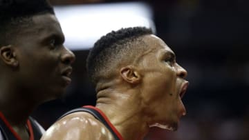 HOUSTON, TEXAS - NOVEMBER 18: Russell Westbrook #0 of the Houston Rockets reacts after making a layup during the fourth quarter against the Portland Trail Blazers at Toyota Center on November 18, 2019 in Houston, Texas. NOTE TO USER: User expressly acknowledges and agrees that, by downloading and/or using this photograph, user is consenting to the terms and conditions of the Getty Images License Agreement. (Photo by Bob Levey/Getty Images)