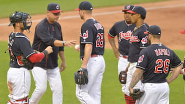 May 31, 2016; Cleveland, OH, USA; Cleveland Indians manager Terry Francona (17) takes the ball from starting pitcher Corey Kluber (28) during a pitching change in the eighth inning against the Texas Rangers at Progressive Field. Mandatory Credit: David Richard-USA TODAY Sports
