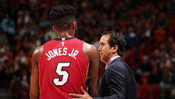 Coach Erik Spoelstra of the Miami Heat directs Derrick Jones Jr. #5 (Photo by Issac Baldizon/NBAE via Getty Images)