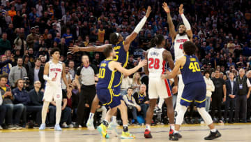 SAN FRANCISCO, CALIFORNIA - JANUARY 04: Saddiq Bey #41 of the Detroit Pistons shoots a three-point basket at the buzzer to beat the Golden State Warriors at Chase Center on January 04, 2023 in San Francisco, California. NOTE TO USER: User expressly acknowledges and agrees that, by downloading and or using this photograph, User is consenting to the terms and conditions of the Getty Images License Agreement. (Photo by Ezra Shaw/Getty Images)