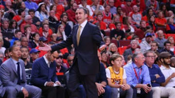May 10, 2015; Chicago, IL, USA; Cleveland Cavaliers head coach David Blatt (C) shouts from the sidelines in the second half of game four of the second round of the NBA Playoffs against the Chicago Bulls at the United Center. The Cavaliers won 86-84. Mandatory Credit: Dennis Wierzbicki-USA TODAY Sports