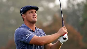 Nov 15, 2020; Augusta, Georgia, USA; Bryson DeChambeau plays his shot from the tenth tee during the final round of The Masters golf tournament at Augusta National GC. Mandatory Credit: Rob Schumacher-USA TODAY Sports