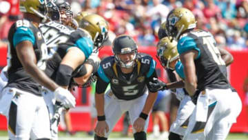 Oct 11, 2015; Tampa, FL, USA; Jacksonville Jaguars quarterback Blake Bortles (5) runs the huddle during the second quarter of an NFL football game against the Tampa Bay Buccaneers at Raymond James Stadium. Mandatory Credit: Reinhold Matay-USA TODAY Sports