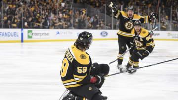 Apr 30, 2023; Boston, Massachusetts, USA; Boston Bruins left wing Tyler Bertuzzi (59) reacts after a game tying goal during the third period in game seven of the first round of the 2023 Stanley Cup Playoffs against the Florida Panthers at TD Garden. Mandatory Credit: Bob DeChiara-USA TODAY Sports