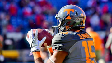 Dec 30, 2016; Nashville , TN, USA; Tennessee Volunteers wide receiver Jauan Jennings (15) catches a pass during warm ups prior to the game against the Nebraska Cornhuskers at Nissan Stadium. Mandatory Credit: Jim Brown-USA TODAY Sports
