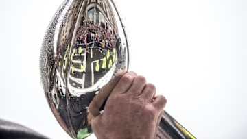 BOSTON, MA - FEBRUARY 07: The Vince Lombardi trophy is held during the New England Patriots Super Bowl victory parade on February 7, 2017 in Boston, Massachusetts. The Patriots defeated the Atlanta Falcons 34-28 in overtime in Super Bowl 51. (Photo by Billie Weiss/Getty Images)