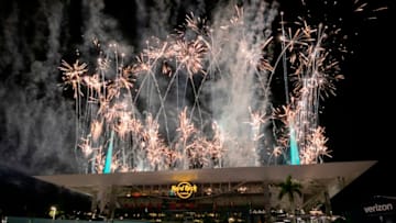 Fireworks are seen over the Hard Rock Stadium during the halftime show at Super Bowl LIV between the Kansas City Chiefs and the San Francisco 49ers in Florida, on February 2, 2020. (Photo by Eva Marie UZCATEGUI / AFP) (Photo by EVA MARIE UZCATEGUI/AFP via Getty Images)