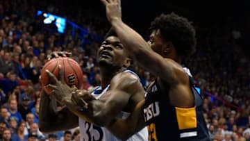 LAWRENCE, KANSAS - NOVEMBER 19: Udoka Azubuike #35 of the Kansas Jayhawks makes a move towards the basket against Vonnie Patterson #23 of the East Tennessee State Buccaneers during the first half at Allen Fieldhouse on November 19, 2019 in Lawrence, Kansas. (Photo by Ed Zurga/Getty Images)