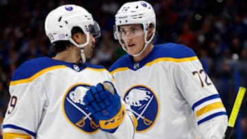 Nov 5, 2022; Tampa, Florida, USA; Buffalo Sabres right wing Tage Thompson (72) and right wing Alex Tuch (89) talk during the second period against the Tampa Bay Lightning at Amalie Arena. Mandatory Credit: Kim Klement-USA TODAY Sports