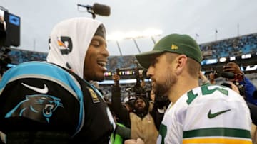 CHARLOTTE, NC - DECEMBER 17: Cam Newton #1 of the Carolina Panthers greets Aaron Rodgers #12 of the Green Bay Packers after their game at Bank of America Stadium on December 17, 2017 in Charlotte, North Carolina. (Photo by Streeter Lecka/Getty Images)