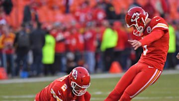 KANSAS CITY, MO - OCTOBER 21: Kicker Harrison Butker #7 of the Kansas City Chiefs warms up prior to a game against the Cincinnati Bengals on October 21, 2018 at Arrowhead Stadium in Kansas City, Missouri. (Photo by Peter G. Aiken/Getty Images)