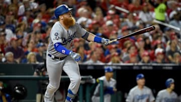 WASHINGTON, DC - OCTOBER 06: Justin Turner #10 of the Los Angeles Dodgers at bat against the Washington Nationals in game three of the National League Division Series at Nationals Park on October 6, 2019 in Washington, DC. (Photo by Will Newton/Getty Images)