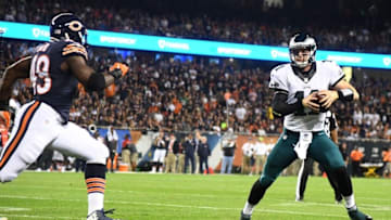 Sep 19, 2016; Chicago, IL, USA; Philadelphia Eagles quarterback Carson Wentz (11) prepares to throw the ball against the Chicago Bears during the first quarter at Soldier Field. Mandatory Credit: Mike DiNovo-USA TODAY Sports