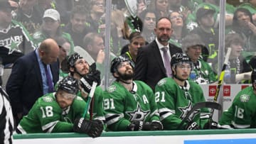 May 29, 2023; Dallas, Texas, USA; Dallas Stars head coach Pete DeBoer and the Stars team bench watch the game between the Stars and the Vegas Golden Knights during the third period in game six of the Western Conference Finals of the 2023 Stanley Cup Playoffs at American Airlines Center. Mandatory Credit: Jerome Miron-USA TODAY Sports