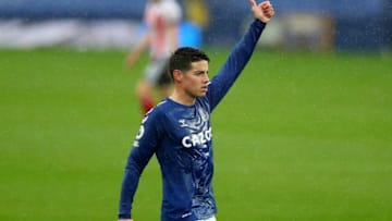 Everton's Colombian midfielder James Rodriguez gestures during the English Premier League football match between Everton and Sheffield United at Goodison Park in Liverpool, north west England on May 16, 2021. - RESTRICTED TO EDITORIAL USE. No use with unauthorized audio, video, data, fixture lists, club/league logos or 'live' services. Online in-match use limited to 120 images. An additional 40 images may be used in extra time. No video emulation. Social media in-match use limited to 120 images. An additional 40 images may be used in extra time. No use in betting publications, games or single club/league/player publications. (Photo by Peter Byrne / POOL / AFP) / RESTRICTED TO EDITORIAL USE. No use with unauthorized audio, video, data, fixture lists, club/league logos or 'live' services. Online in-match use limited to 120 images. An additional 40 images may be used in extra time. No video emulation. Social media in-match use limited to 120 images. An additional 40 images may be used in extra time. No use in betting publications, games or single club/league/player publications. / RESTRICTED TO EDITORIAL USE. No use with unauthorized audio, video, data, fixture lists, club/league logos or 'live' services. Online in-match use limited to 120 images. An additional 40 images may be used in extra time. No video emulation. Social media in-match use limited to 120 images. An additional 40 images may be used in extra time. No use in betting publications, games or single club/league/player publications. (Photo by PETER BYRNE/POOL/AFP via Getty Images)